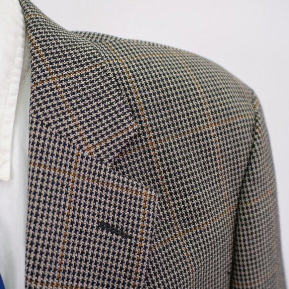 Jos A Bank Tweed Texuted Wool Silk Black Tan Check W/ Brown Windowpane 42L Sport - Picture 2 of 11